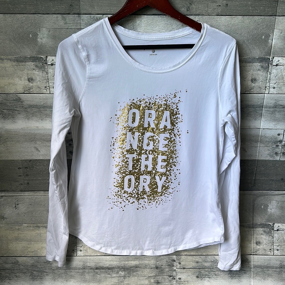 ORANGETHEORY FITNESS WHITE LONG SLEEVE WITH GOLD LOGO WOMENS LARGE